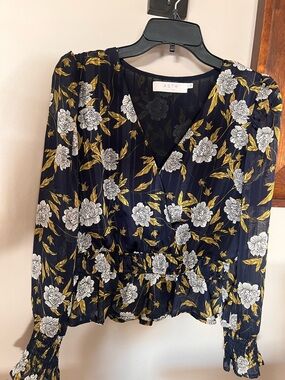 ASTR Navy Floral V-Neck Blouse with Leaf Accents